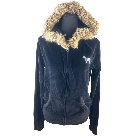 Victoria secrets Large college BU sequins velour black track zip up hoodie Y2K - Picture 1 of 9